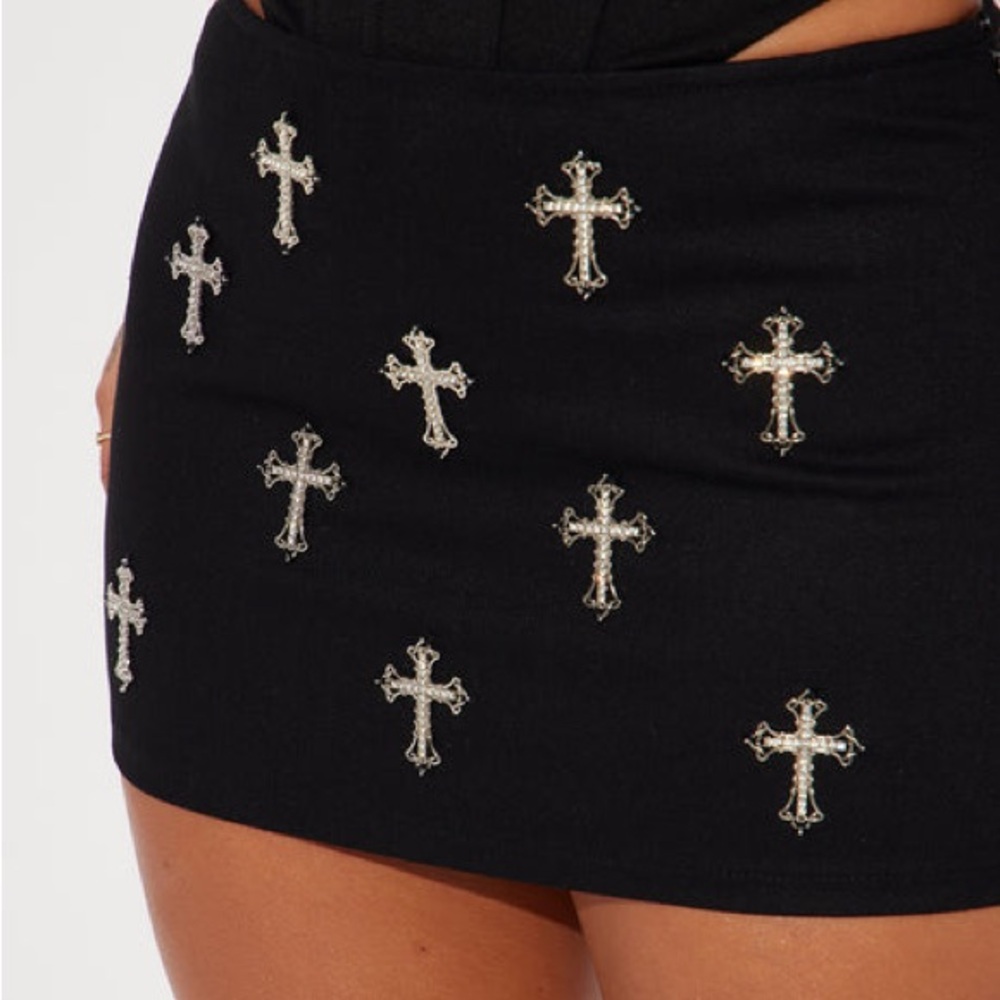 Black Mini Skirt with Silver Cross Embellishments